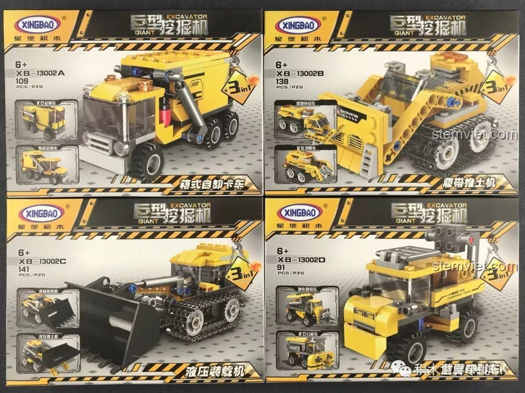 Cận cảnh 4 hộp A, B, C, D của bộ lắp ráp xe công trình Xingbao XB-13002, mỗi hộp có thể lắp được 3 kiểu xe khác nhau.