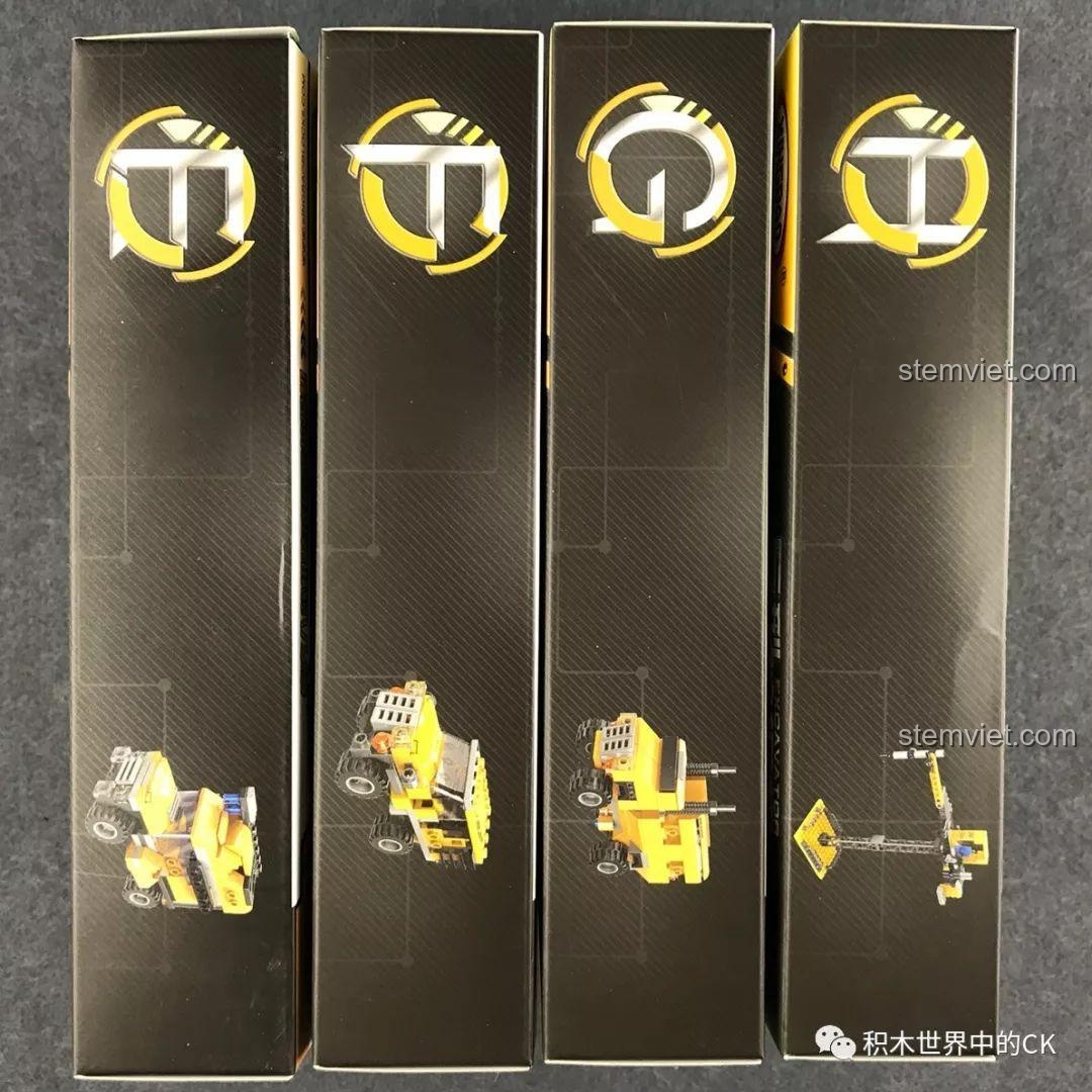 Thiết kế cạnh hộp của 4 mẫu sau trong bộ đồ chơi xây dựng Xingbao, sẵn sàng để hợp thể thành mô hình lớn.