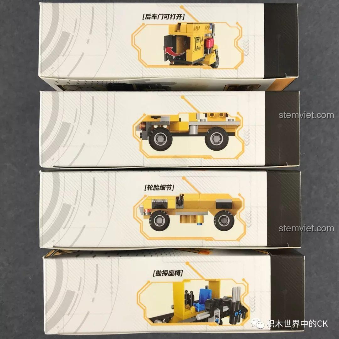 Các tính năng nổi bật trên hộp của bộ lắp ghép Máy Xúc Cỡ Lớn, bao gồm chi tiết lốp xe và ghế ngồi.