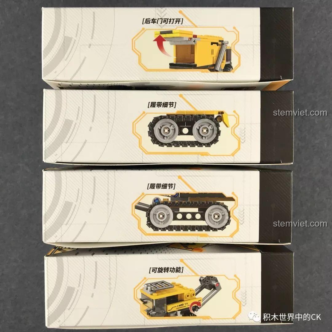 Mặt trên của các hộp A, B, C, D hiển thị các tính năng như cửa sau có thể mở, chi tiết bánh xích và chức năng xoay.