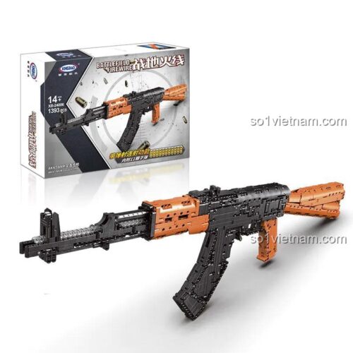 Hộp đồ chơi mô hình Súng AK47 AKM XINGBAO, có hình ảnh súng AK47 AKM màu đen cam, đồ chơi cho con trai 14 tuổi, giá tiết kiệm