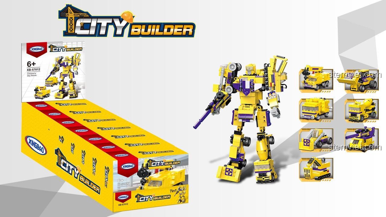Hộp đồ chơi lắp ráp 57012 Robot Hợp Thể Xe Công Trình Xingbao, thể hiện khả năng lắp ráp 6 kiểu xe công trình và robot khổng lồ, phù hợp bé trai 6 tuổi.