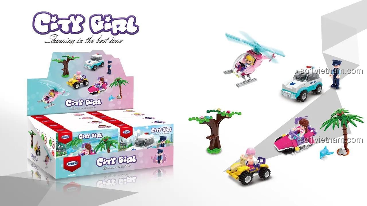 Kích thước hộp lẻ và hộp trưng bày của bộ đồ chơi Mô tô nước mini, một phần của bộ sưu tập Xingbao XB-58001.