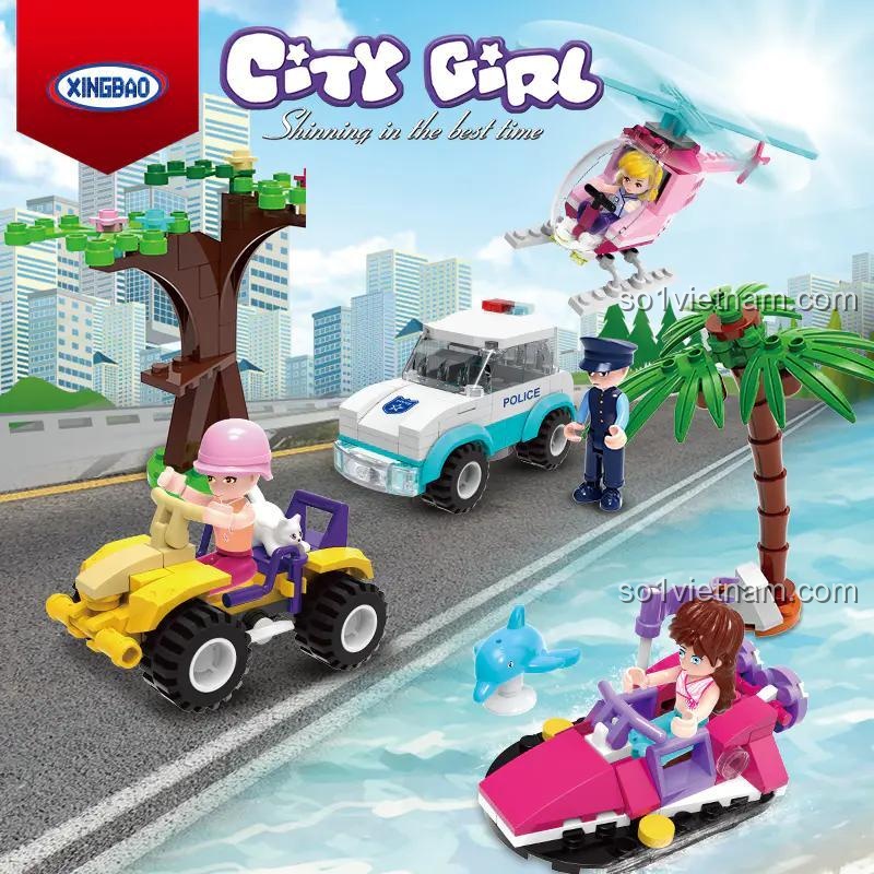 Poster bộ đồ chơi XB-58001 City Girl với 4 mẫu xe cảnh sát, trực thăng, ATV, mô tô nước, món quà sáng tạo cho con gái.