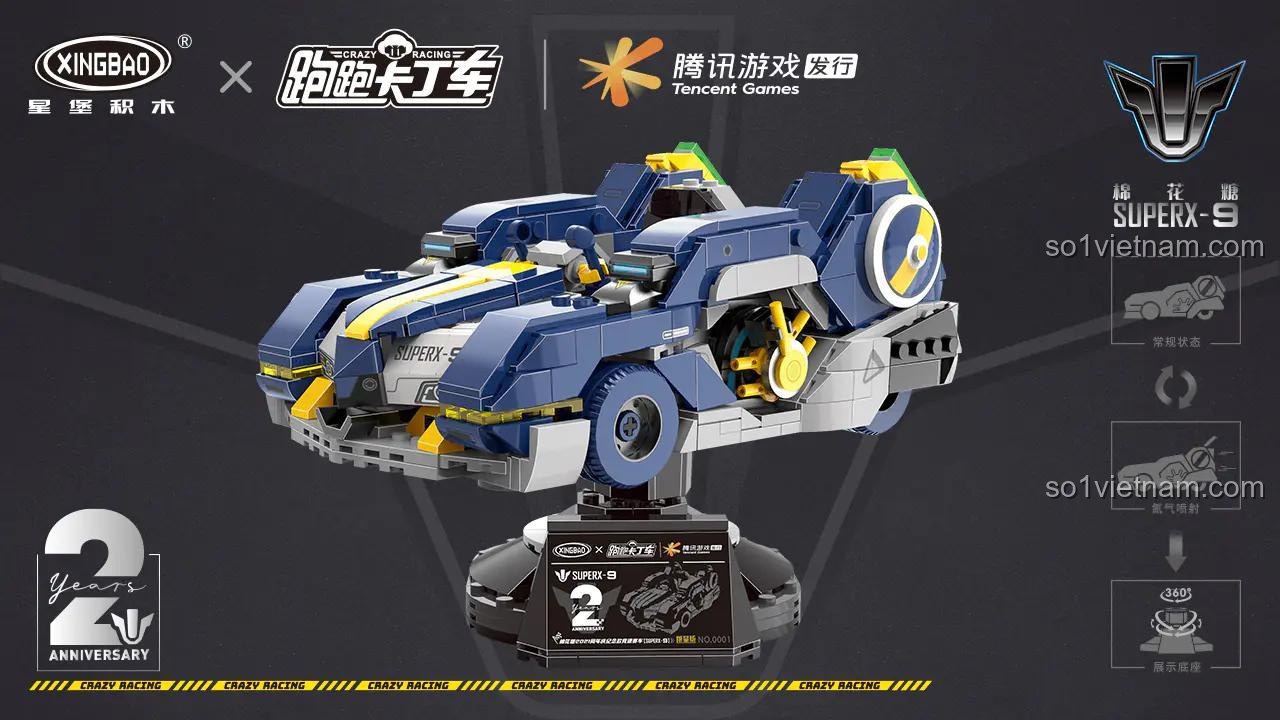 Các tính năng nổi bật của bộ xếp hình Phiên bản kỷ niệm KartRider 66001: trạng thái chờ, phun nitơ, đế trưng bày xoay 360 độ.