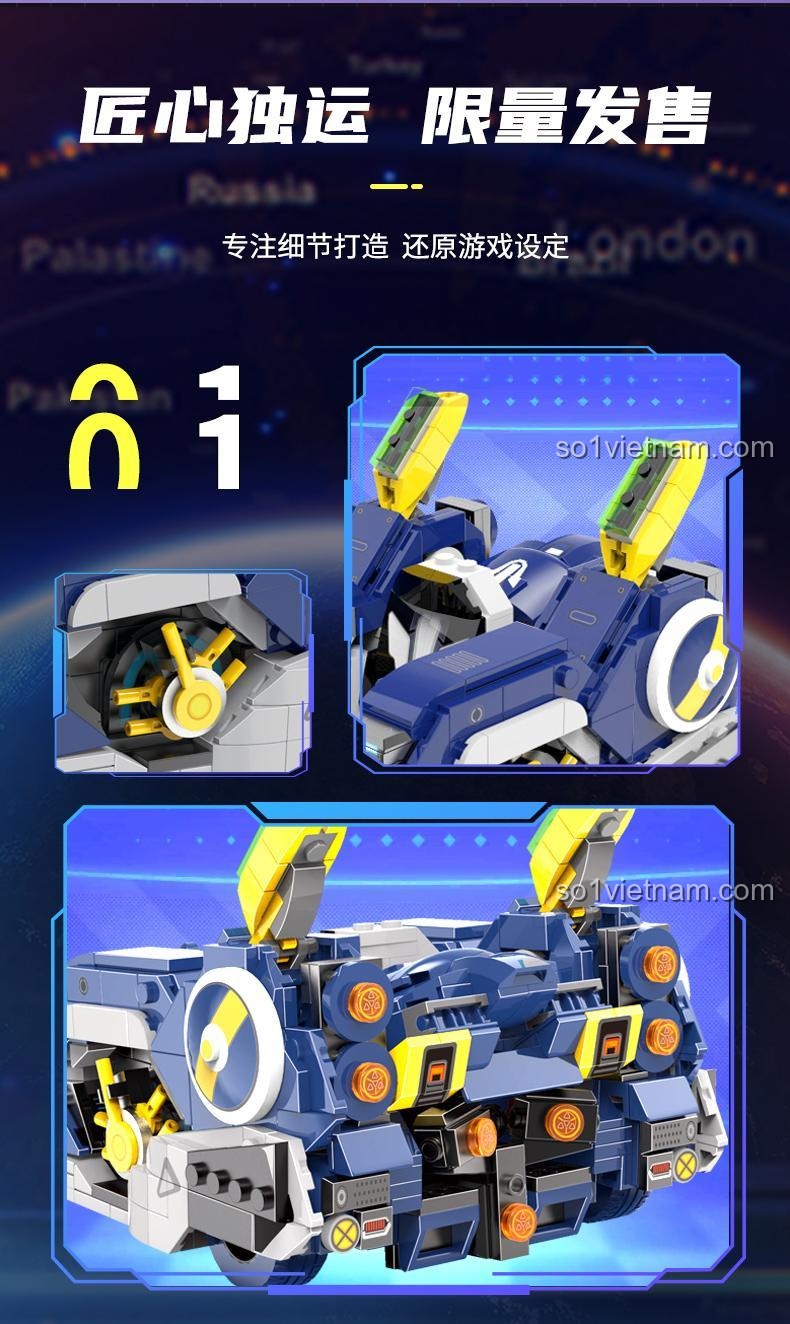 Chi tiết cận cảnh các bộ phận của bộ xếp hình Xe đua SuperX-9, cho thấy sự tinh xảo trong thiết kế.