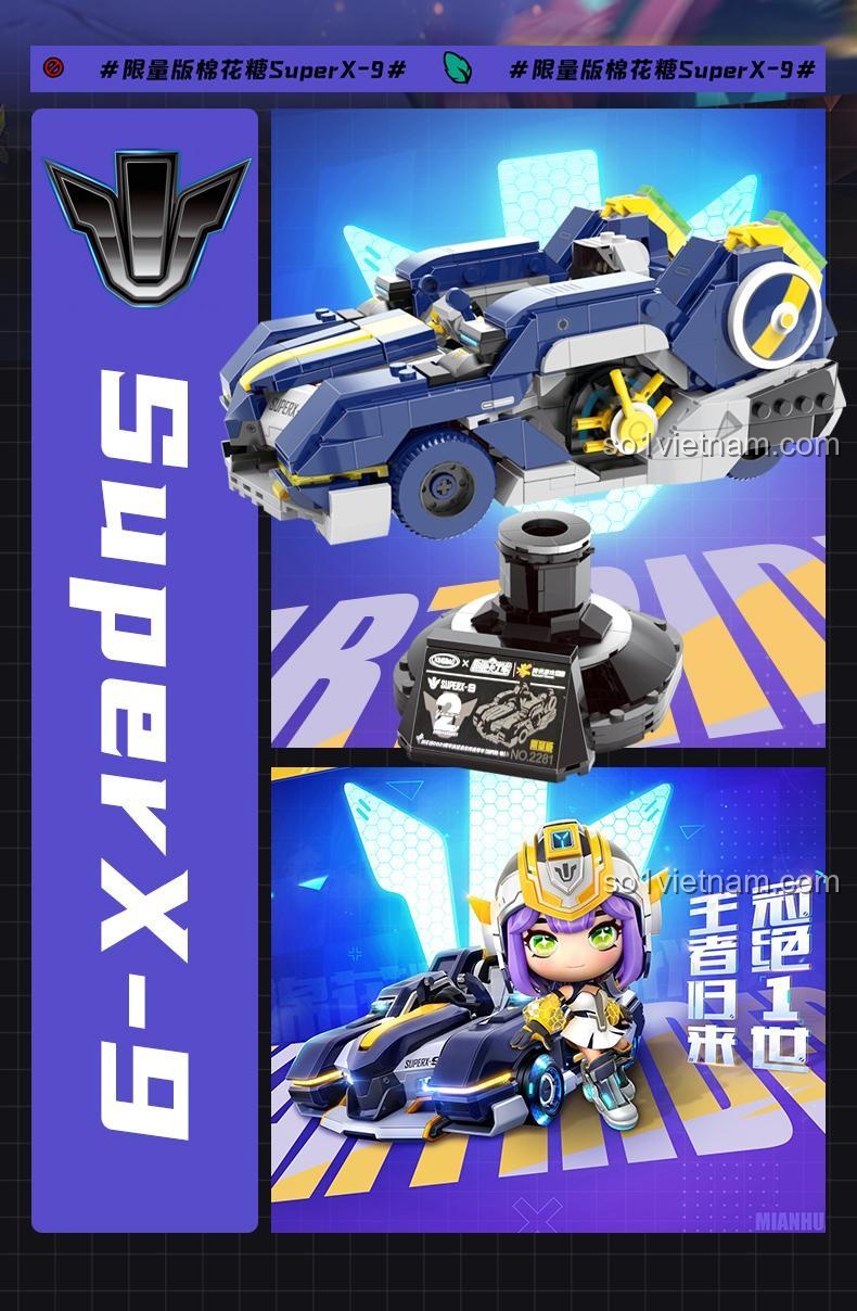 Chi tiết thiết kế tinh xảo của bộ lắp ghép Xe đua Cotton Candy SuperX-9, thể hiện sự chăm chút trong từng chi tiết.