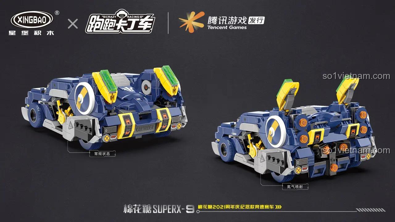 Mô hình xe KartRider Xingbao XB-66001 thể hiện hai trạng thái: đua bình thường và phun nitơ. Đồ chơi sáng tạo cho con trai.