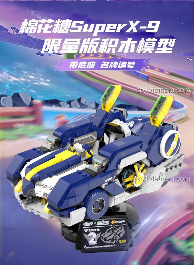 Mô hình lắp ráp Cotton Candy SuperX-9 phiên bản giới hạn với đế trưng bày và bảng tên có số hiệu độc quyền.