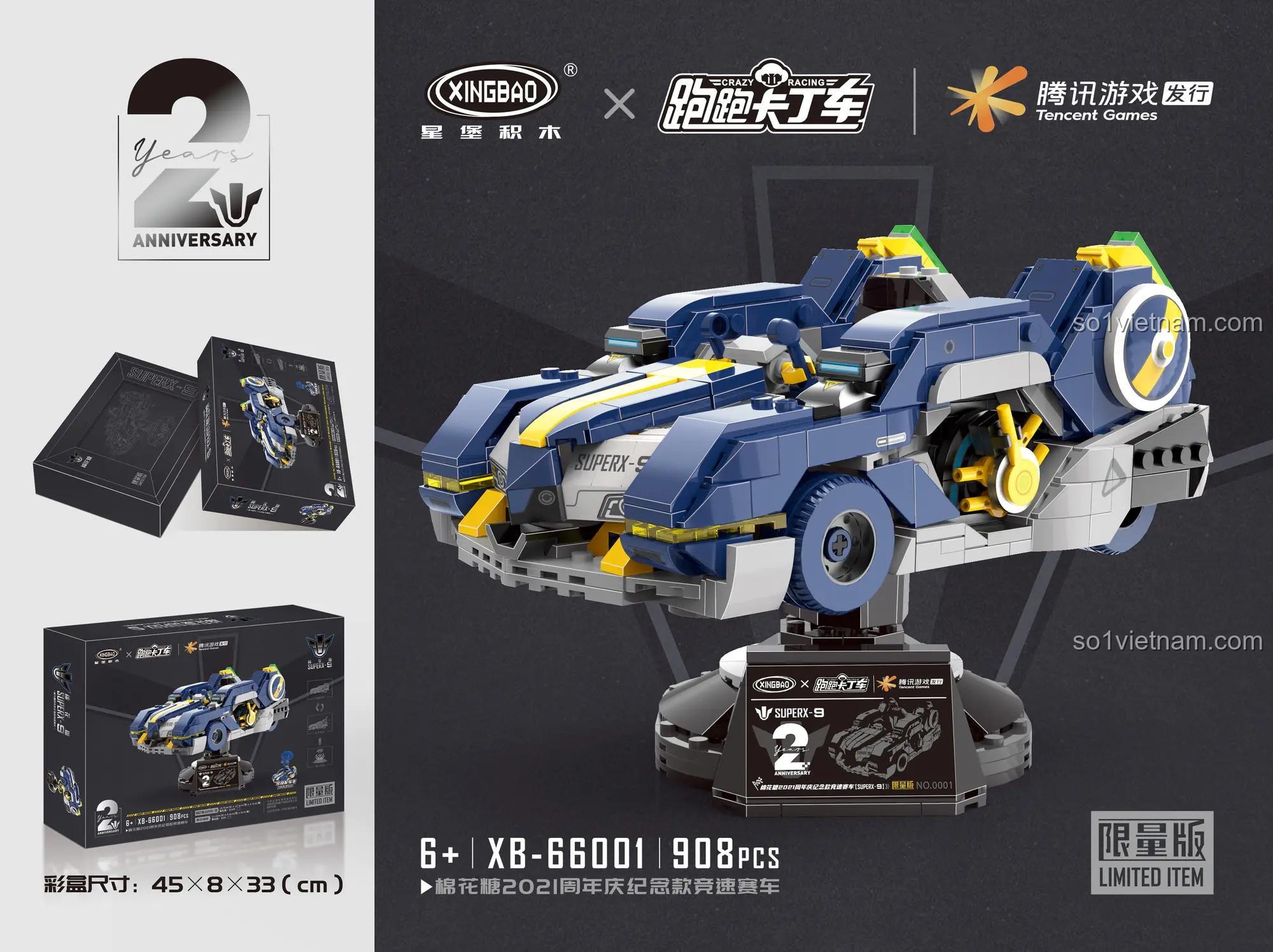Thông tin chi tiết trên hộp bộ lắp ghép Xe đua Kẹo Bông Gòn SuperX-9 XB-66001, gồm 908 mảnh, phù hợp cho trẻ trên 6 tuổi.
