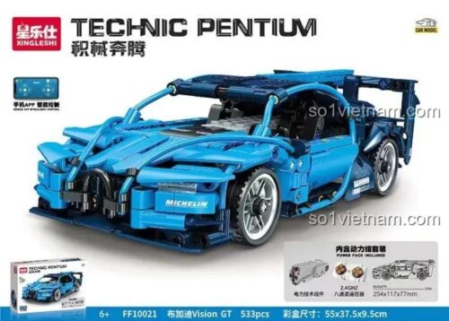 Hộp sản phẩm bộ đồ chơi lắp ghép Bugatti Chiron Xingleshi FF10021, có hình ảnh mô hình xe, thông số 6+ tuổi, 533 mảnh, điều khiển từ xa