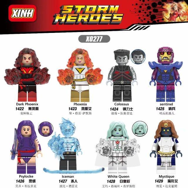 Bộ đồ chơi XINH 1426 Bộ 8 Minifigure X-Men Storm Heroes giá tốt cho bé trai 8 tuổi, mô tả tổng quan các nhân vật siêu anh hùng Marvel.