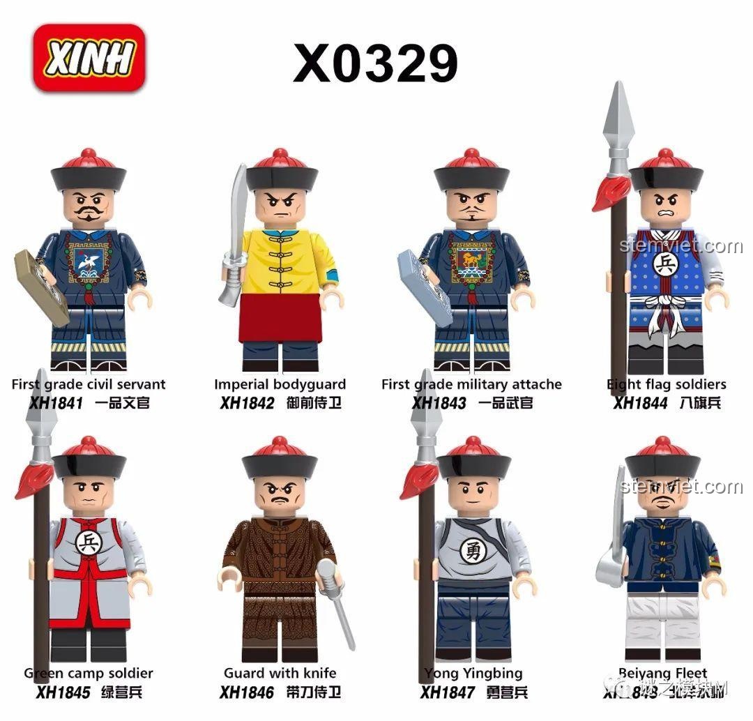 Hình ảnh tổng quan Bộ Minifigure Quan Lính Triều Thanh XINH 1848 với 8 nhân vật độc đáo, chi tiết sắc nét. Đồ chơi lắp ráp lịch sử Trung Quốc cho bé trai.
