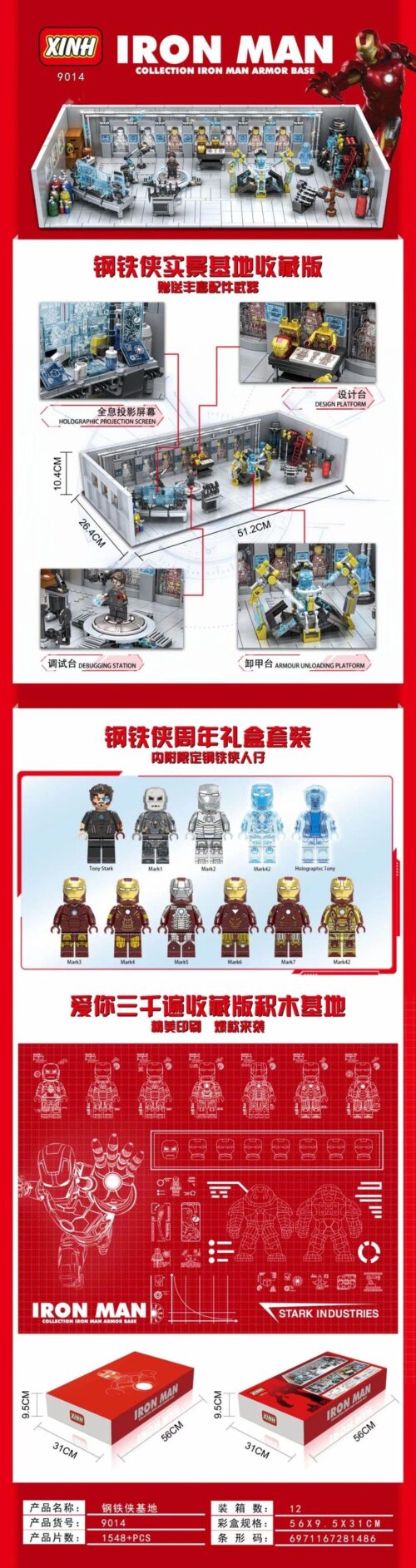 Bộ lắp ghép XINH 9014 Căn cứ Giáp Sắt Iron Man với 10 minifigures, hơn 1500 mảnh ghép, phù hợp bé trai 6 tuổi, giá tốt.