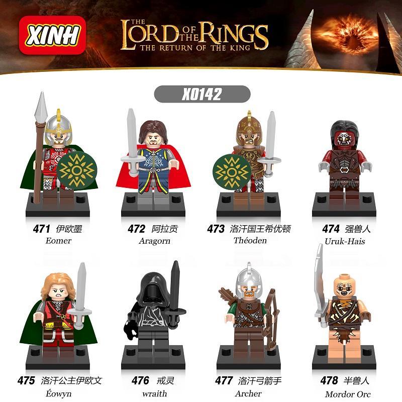 Bộ 8 minifigure The Lord of the Rings XINH X0142 bao gồm Eomer, Aragorn, Théoden, Uruk-Hais, Éowyn, wraith, Archer, Mordor Orc