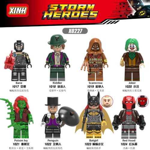 Bộ đồ chơi mô hình Minifigure DC XINH X0227 chất lượng cao, bộ 8 nhân vật phản diện và siêu anh hùng DC như Joker, Bane, Batgirl, Riddler, Poison Ivy, Scarecrow, Penguin, Red Hood cho bé trai và bé gái 8 tuổi giá tốt.