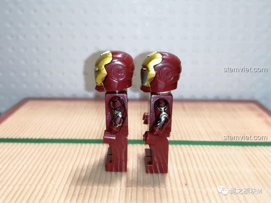 So sánh Minifigure Người Sắt MK43 và MK45 XINH X0267, bộ đồ chơi siêu anh hùng Marvel, góc nhìn bên