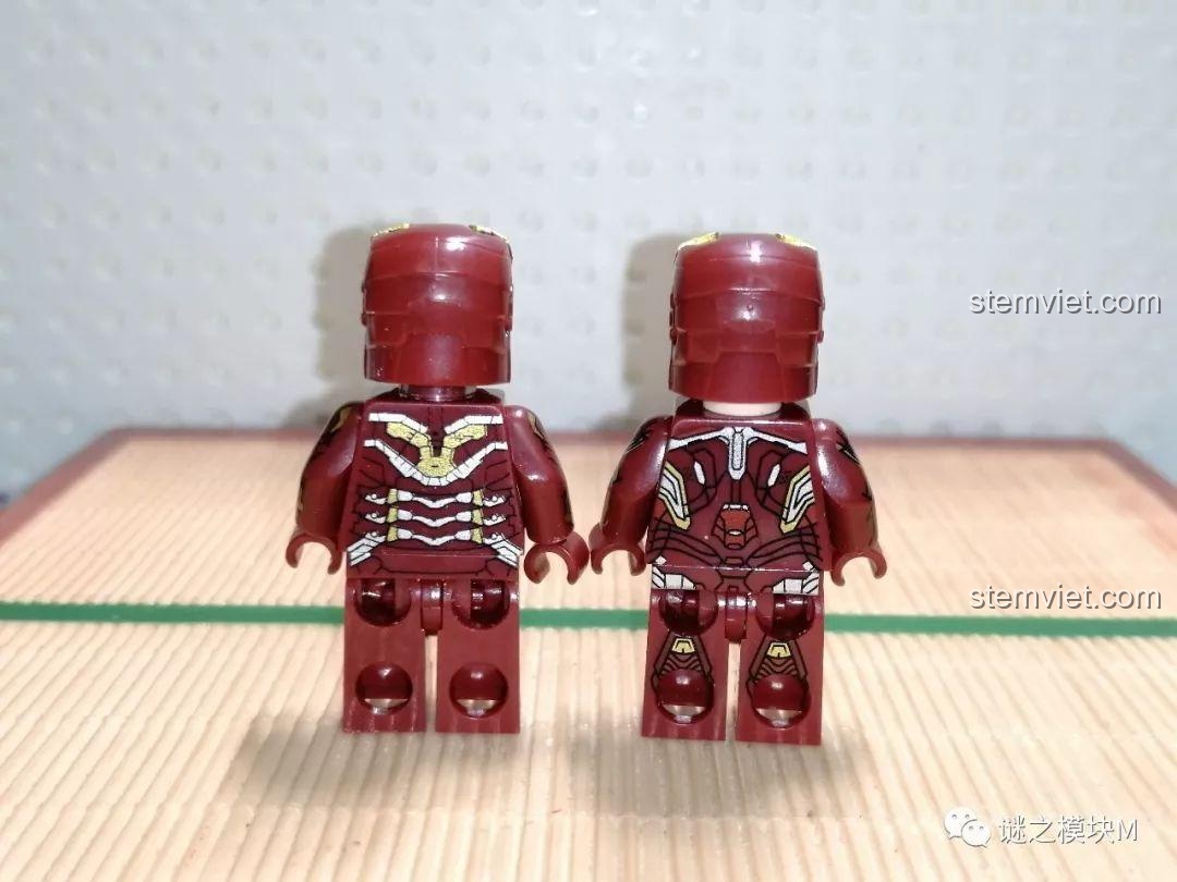 So sánh Minifigure Người Sắt MK43 và MK45 XINH X0267, đồ chơi xếp hình Marvel, mặt lưng giáp