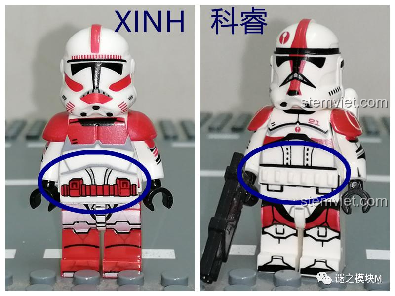 So sánh chi tiết in ấn giữa Minifigure Clone Trooper XINH X0300 và một hãng khác, cho thấy độ hoàn thiện của XINH.