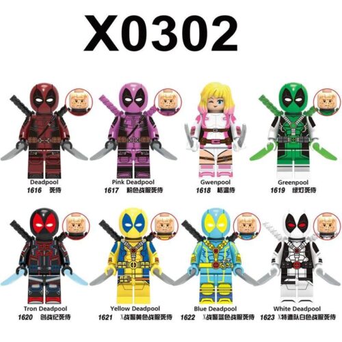 Bộ 8 Mô Hình Deadpool Các Phiên Bản XINH X0302, Deadpool, Deadpool Xanh Lá, Deadpool Hồng, Deadpool Vàng, Deadpool Xanh Dương, Deadpool Trắng, Deadpool Tron, Gwenpool, figure, đồ chơi mô hình, đồ chơi lắp ráp, 6 tuổi, con trai