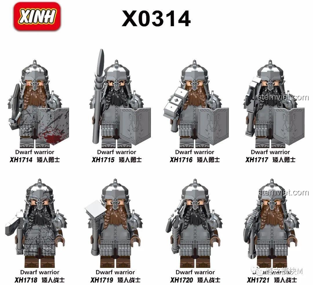 Tổng quan bộ 8 minifigure chiến binh người lùn XINH X0314 với các biến thể và trang bị đa dạng.