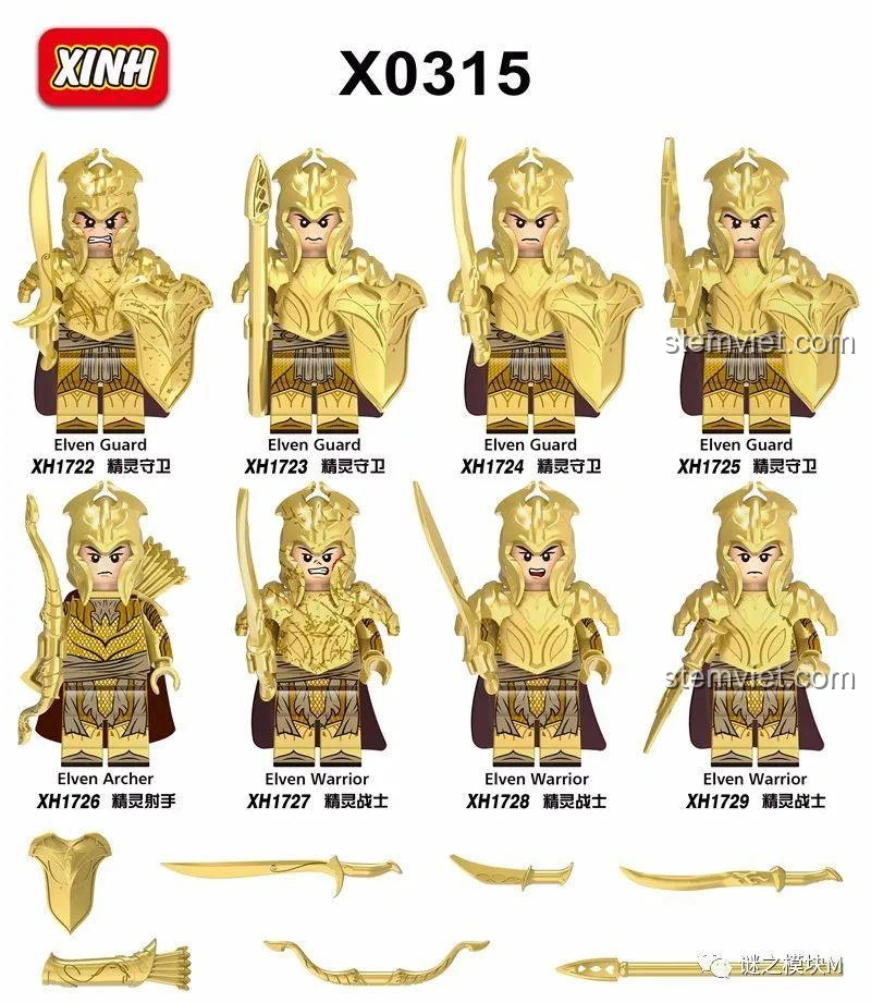 Bộ 8 Minifigure Lính Gác Tinh Linh XINH X0315 Chúa Tể Của Những Chiếc Nhẫn, tổng quan các nhân vật và phụ kiện đi kèm.