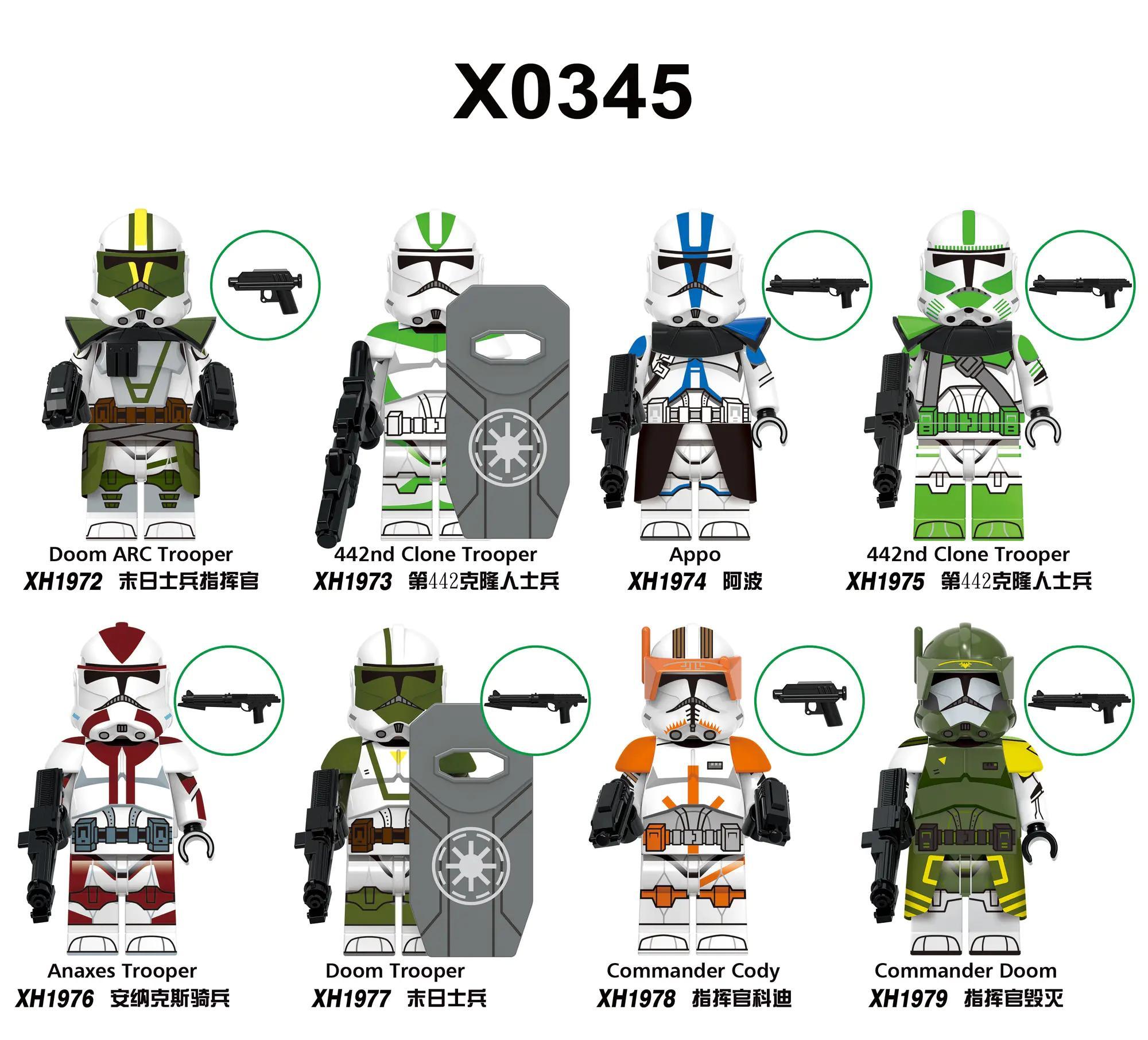 Bộ 8 mô hình nhân vật Star Wars XINH X0345, bao gồm Doom ARC Trooper, 442nd Clone Trooper, Appo, Commander Cody, Commander Doom, Anaxes Trooper, Doom Trooper, với vũ khí đi kèm, phù hợp cho bé trai 6 tuổi