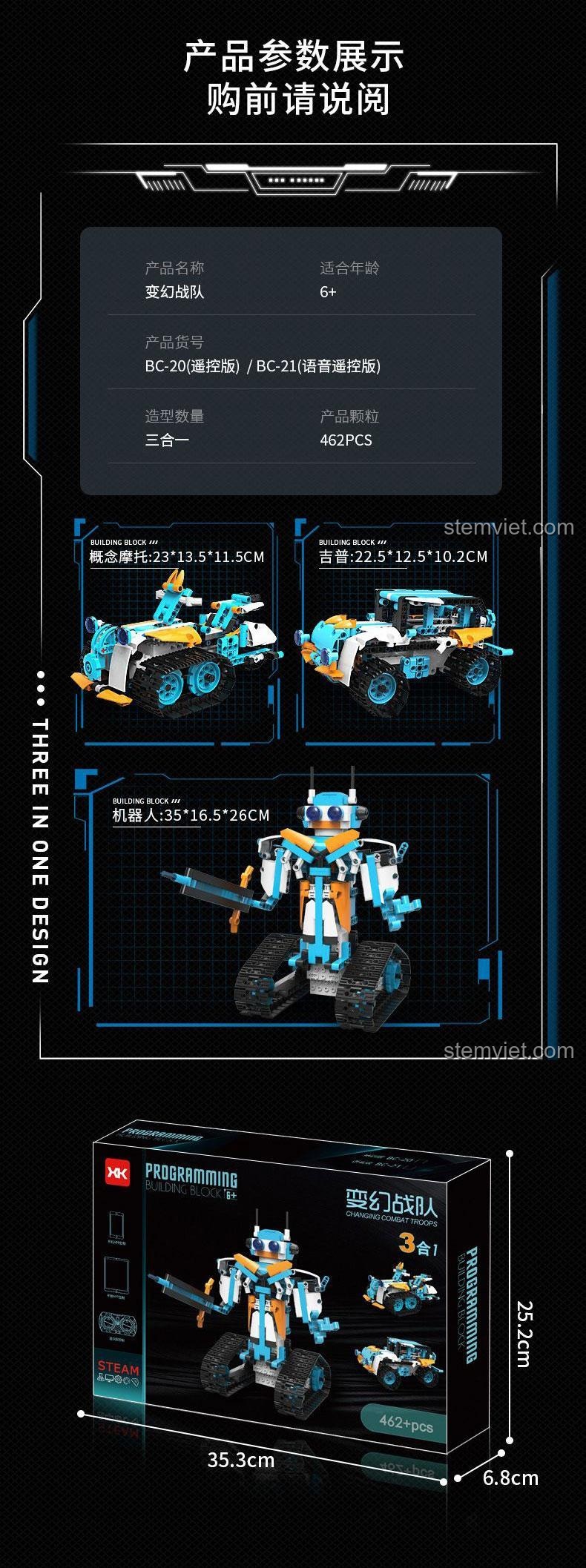 Thông số kích thước chi tiết của 3 mẫu lắp ráp từ bộ đồ chơi XK 20: Robot, Xe Jeep và Xe Mô tô Concept.