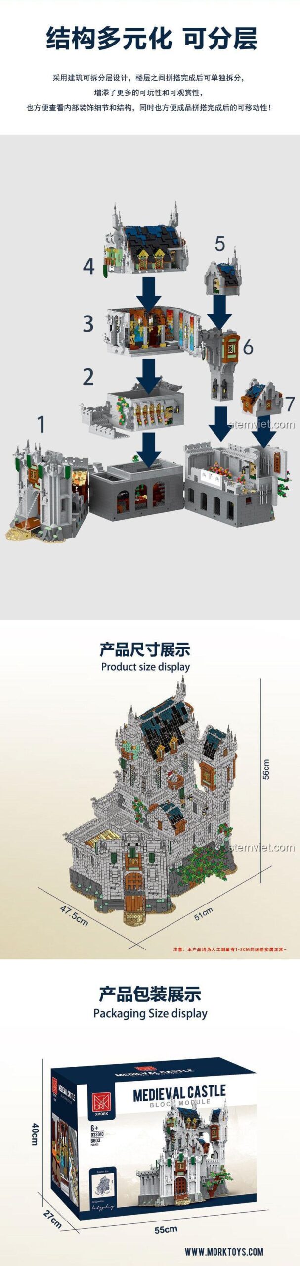 Cơ chế mở 3/4 mặt của mô hình Lâu đài Trung Cổ XMORK 033010, dễ dàng khám phá bên trong.