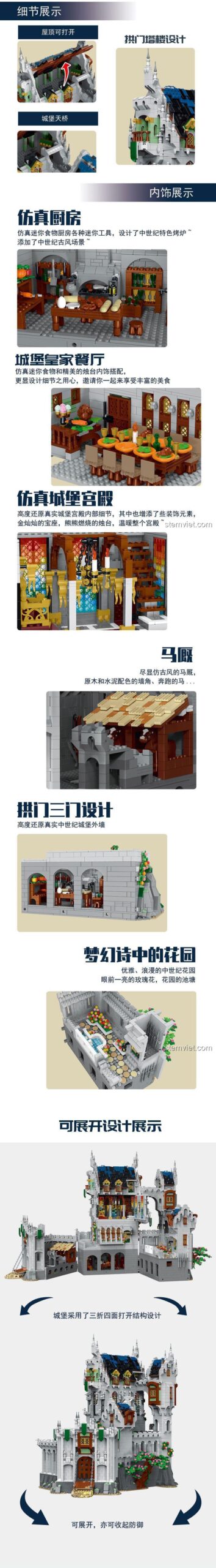 Cổng thành có thể nâng hạ của đồ chơi lắp ráp XMORK 033010 Lâu đài Trung Cổ, chi tiết nội thất tinh xảo.