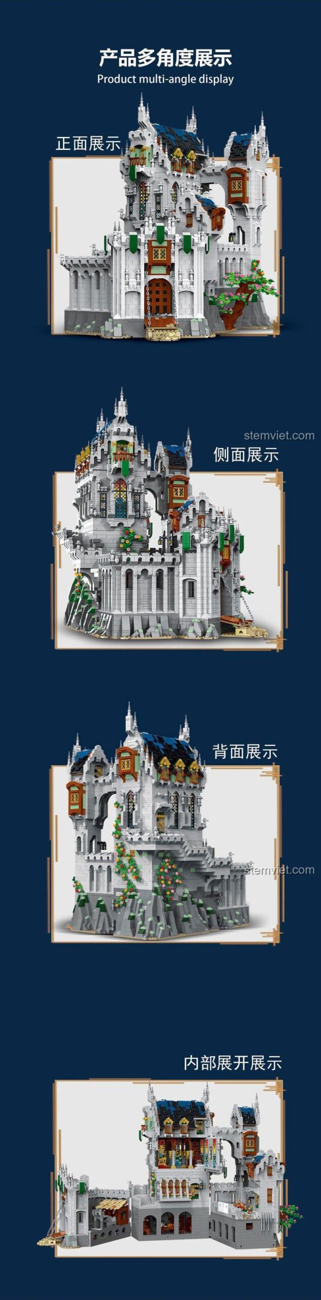 Mặt sau Lâu đài Trung Cổ XMORK 033010 với cửa sổ kính màu độc đáo, tạo không gian huyền bí.