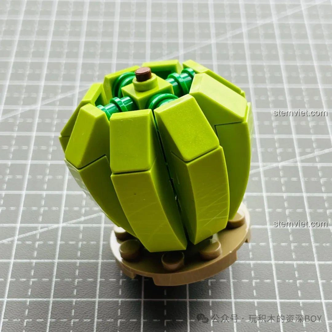 Mô hình cây xương rồng JAKI JK2727 gần hoàn thành, các mảnh lá đã được lắp đầy đủ, tạo hình tròn trịa.