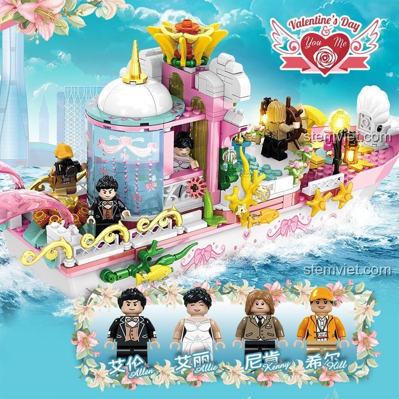 Các minifigures Allen, Allie, Kenny, Still trong bộ đồ chơi Thuyền cưới Yonglexing 88041, món quà Valentine ý nghĩa.