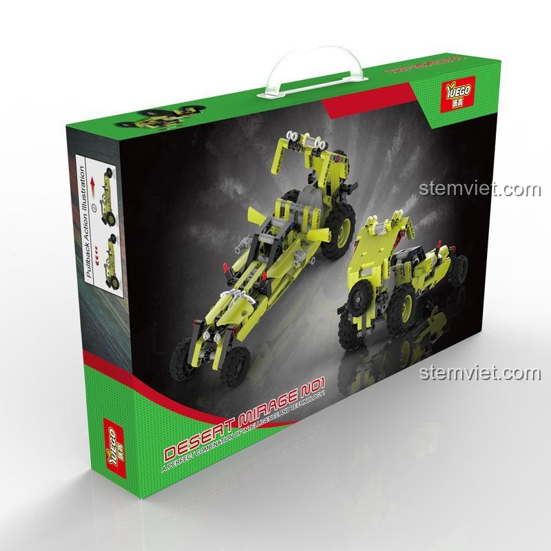 Hộp sản phẩm bộ lắp ráp Xe đua sa mạc YUEGAO 58405, thể hiện rõ hình ảnh sản phẩm và tính năng kéo lùi.