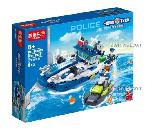 Hộp đồ chơi lắp ghép ZDEL DL-10003 Tàu Tuần Tra Cảnh Sát Biển, hiển thị số chi tiết 531 và độ tuổi 5+, phù hợp cho bé trai.