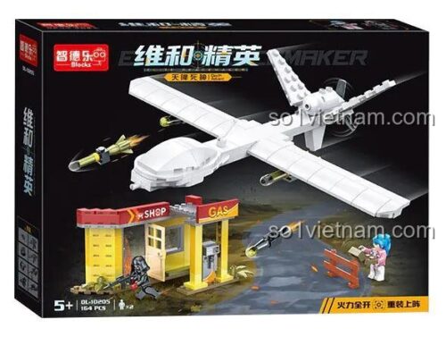 Hộp sản phẩm đồ chơi mô hình UAV trinh sát ZDEL DL-10205, thể hiện hình ảnh máy bay không người lái và cảnh chiến đấu.