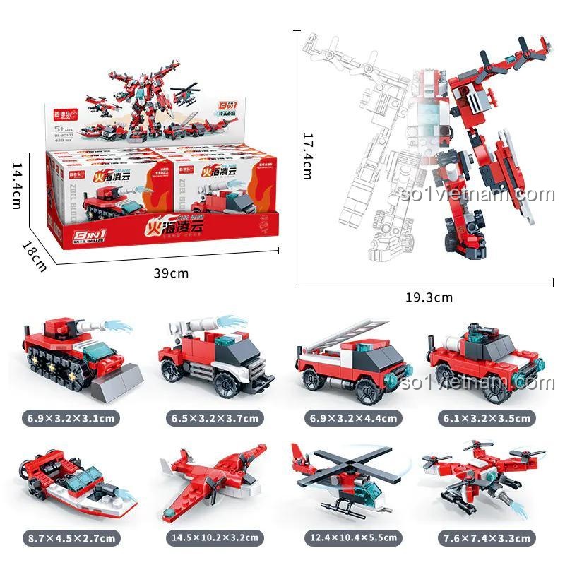 Ảnh kích thước bộ khối lắp ghép Robot Biến Hình DL-20103 ZDEL, đồ chơi lắp ráp Robot Cứu Hỏa DL-20103 chi tiết cao cho bé trai.
