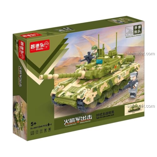 Hộp bộ lắp ghép ZDEL DL-40011 Xe Tăng Quân Sự Type 99, 848 mảnh, có hình ảnh mô hình và lính, thể hiện kích thước và tính năng, dành cho bé trai 5 tuổi.