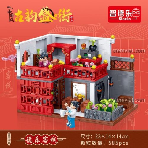 Mô hình lắp ráp Khách sạn cổ phong ZDEL DL-50103 đã hoàn thiện, thể hiện kích thước 23x14x14cm, đồ chơi mô hình chất lượng cao cho trẻ em.
