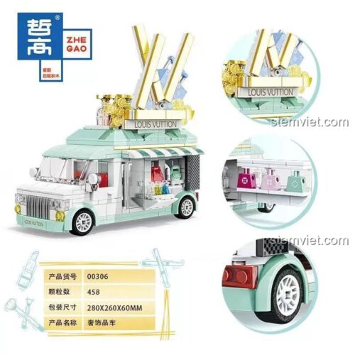 Bộ lắp ghép Zhe Gao 00306 Xe Bán Hàng Lưu Động Louis Vuitton với 458 chi tiết, kích thước hộp 28x26x6cm, đồ chơi mô hình chất lượng cao cho bé gái 6 tuổi.