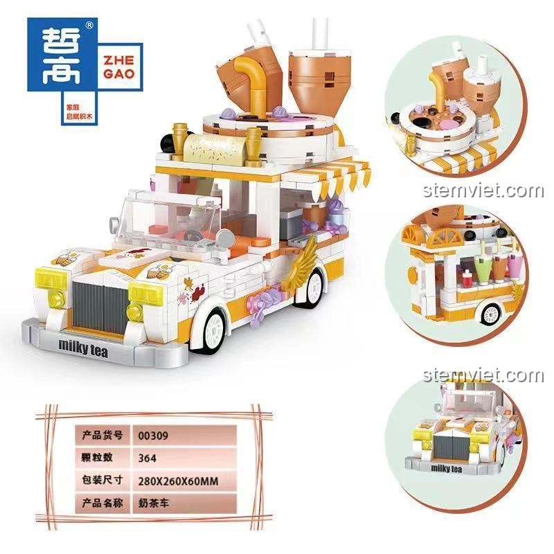 Hộp bộ lắp ghép Xe Bán Trà Sữa Zhe Gao 00309, đồ chơi mô hình xe trà sữa 364 mảnh, chất lượng cao, dành cho bé gái 6 tuổi.