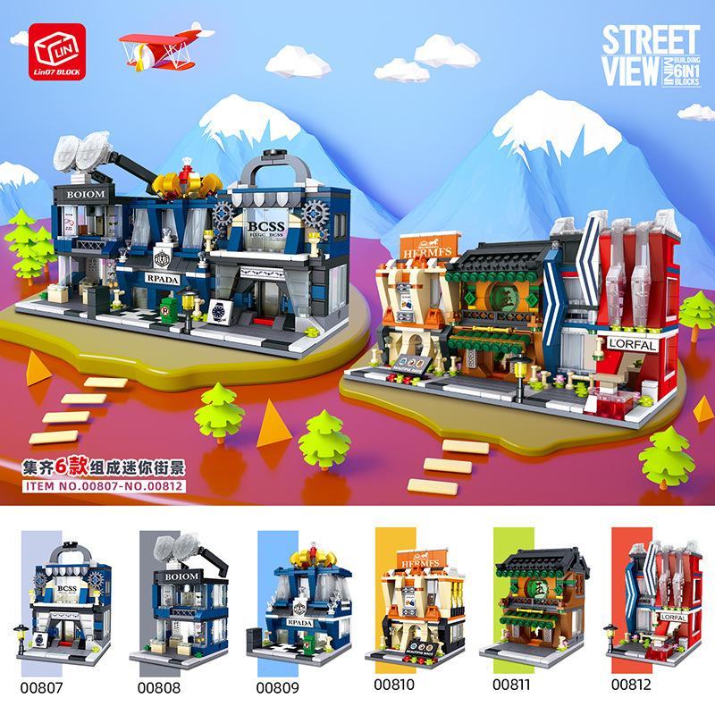 Bộ lắp ghép Zhe Gao 00807 Phố Mini 6 Trong 1 với 1441 mảnh ghép, mô tả toàn cảnh các cửa hàng mini như đồng hồ, kính mắt, trang sức, túi xách, ngọc bích và mỹ phẩm. Đồ chơi lắp ráp Kiến Trúc Tinh Xảo cho bé gái 6 tuổi, giá tốt.