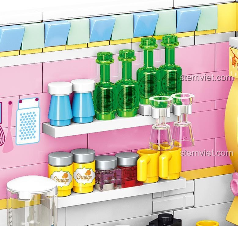 Cận cảnh khu vực bồn rửa và các vật dụng nhà bếp trong bộ lắp ghép Zhe Gao 00870, chi tiết tinh xảo, màu sắc hài hòa.