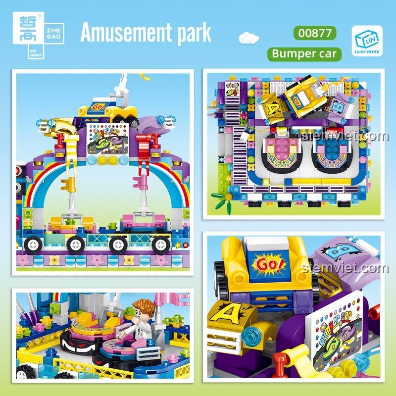 Các góc nhìn chi tiết của bộ lắp ráp Zhe Gao 00877 Khu Vui Chơi Xe Đụng, thể hiện thiết kế xe đụng và khu vực chơi, giúp bé phát triển kỹ năng lắp ráp.