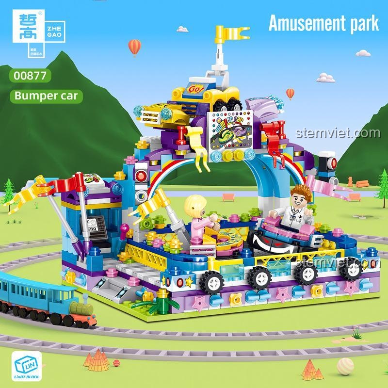 Hộp bộ đồ chơi Zhe Gao 00877 Khu Vui Chơi Xe Đụng, hiển thị mã sản phẩm và tên thương hiệu Zhe Gao, món quà tiết kiệm cho bé 6 tuổi.