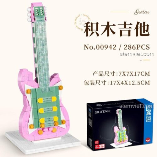Mô hình đàn guitar điện mini Zhe Gao 00942 màu hồng, đồ chơi lắp ghép cho bé gái 6 tuổi.