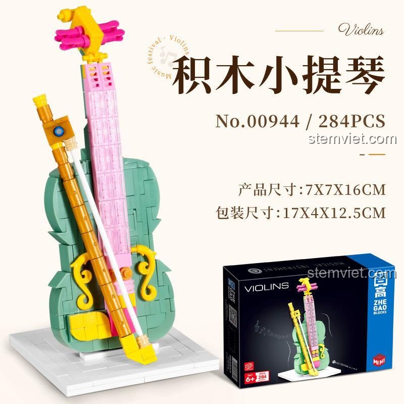 Hộp sản phẩm bộ xếp hình đàn vĩ cầm Zhe Gao 00944, đồ chơi mô hình 284 chi tiết.