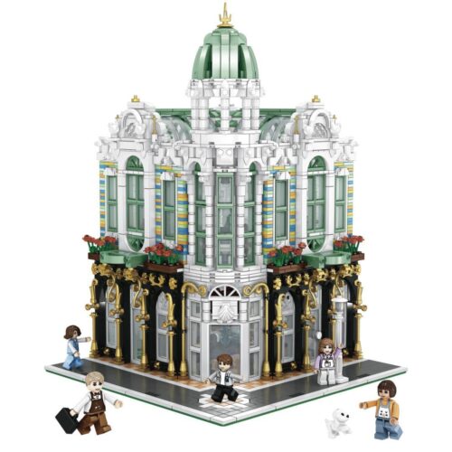 Toàn cảnh bộ lắp ráp Cửa hàng Đá quý ZHE GAO 00957 với kiến trúc tân cổ điển và 5 minifigures, dành cho người chơi trên 6 tuổi.
