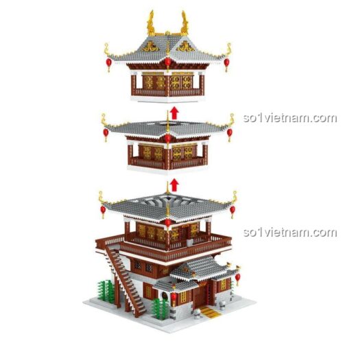 Đồ chơi mô hình Zhe Gao 00960 Tháp Tiên Cảnh, thể hiện các tầng tháp đang được lắp ráp, kích thích tư duy sáng tạo cho trẻ 6 tuổi.