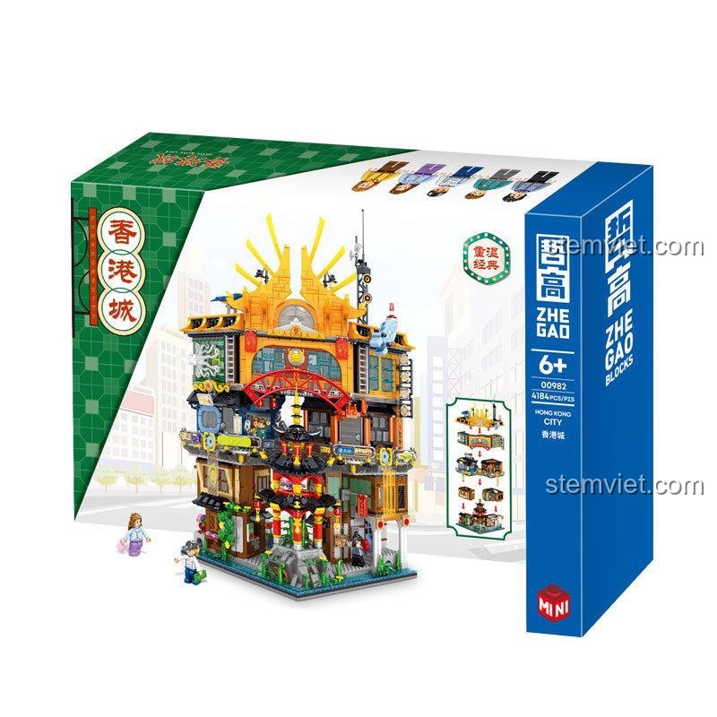 Hộp đồ chơi lắp ráp Zhe Gao 00982 Thành phố Hồng Kông, bộ xếp hình Tòa nhà phong cách Hồng Kông cho bé trai và bé gái 6 tuổi, chất lượng cao.